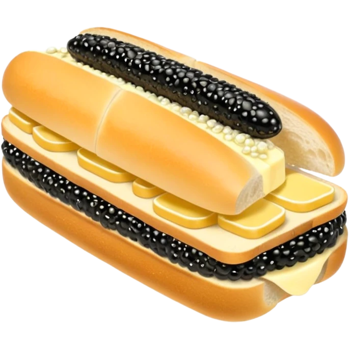 Apple style 3D emoji of a luxurious black caviar sandwich. A thick slice of fresh white baguette with a generous layer of creamy yellow butter, topped with a mountain of glistening, shiny black sturgeon caviar. premium aesthetic. emoji