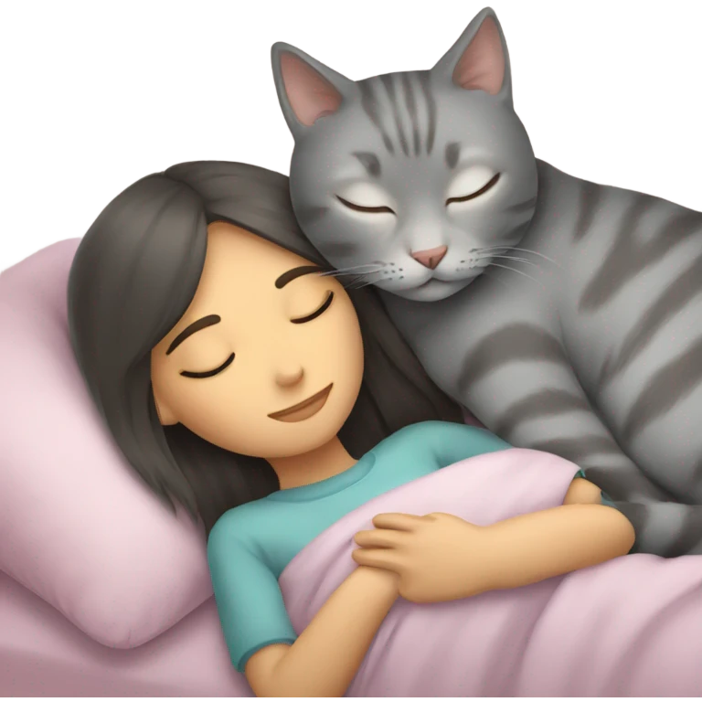 Gray cat sleeping with girl emoji