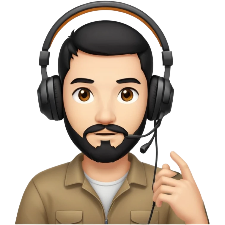 A person with black hair, brown eyes, and a black beard wearing a gaming headset with a thankful expression emoji