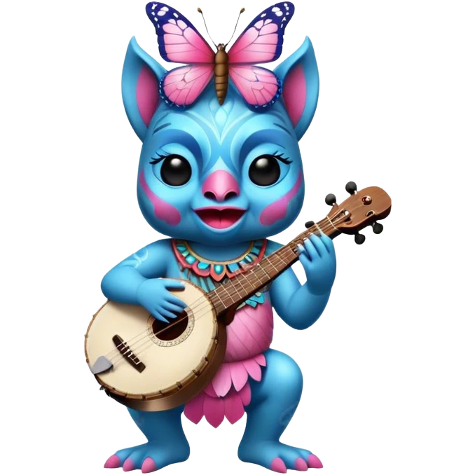 Pixar style little Blue and pink tiki singing with a butterfly and playing a banjo, ultra detailed and lifelike imagery, realistic emoji