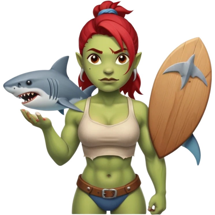 orc female holds a board with a shark painted vertically in his hands emoji