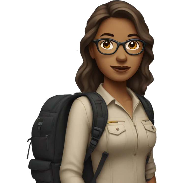 A Woman with Long Brown Hair, dark Glases, light Brown Skin with a black Backpack and in the Background a Aircraft  emoji