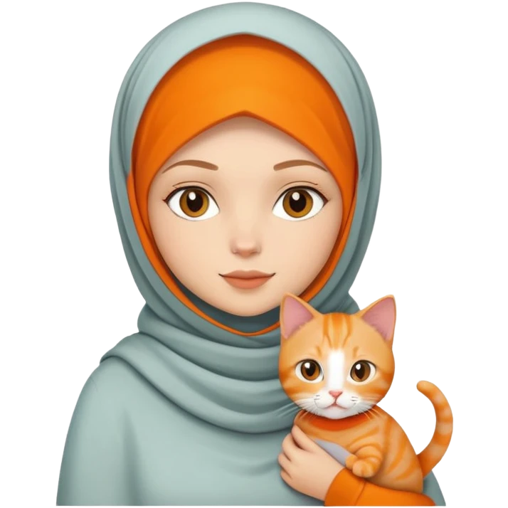 White girl wearing hijab holding orange shorthair cat emoji