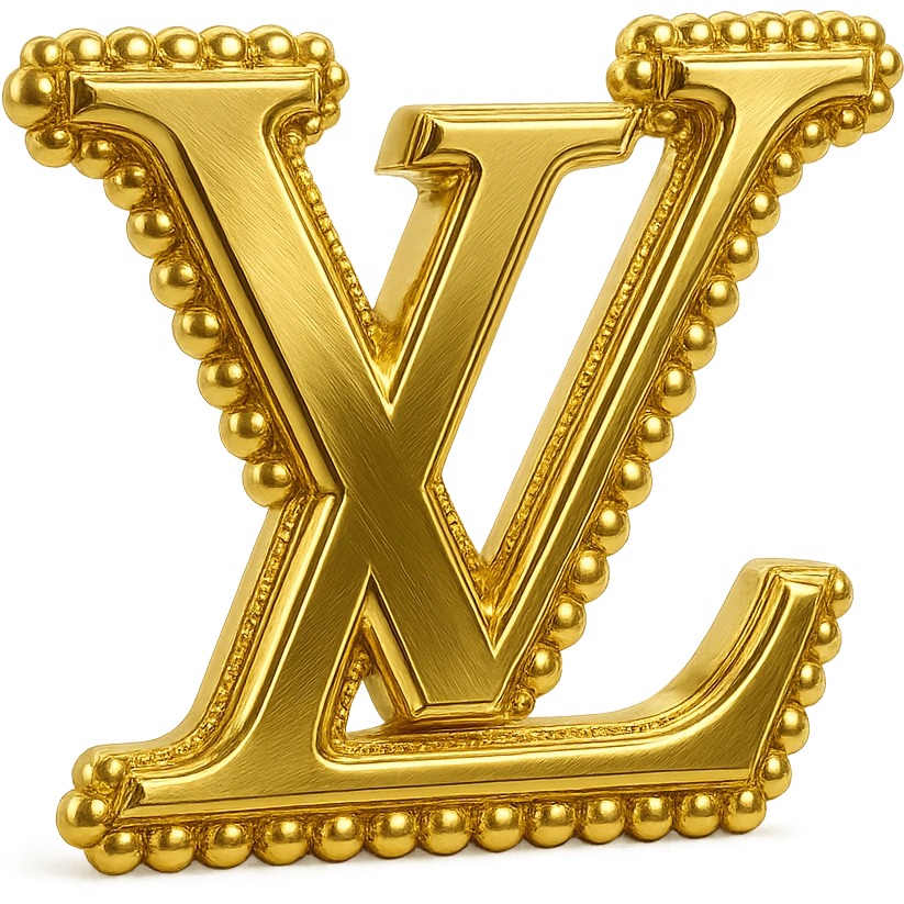 Classic Louis Vuitton logo, metallic gold finish, pearl border, sophisticated and iconic emoji