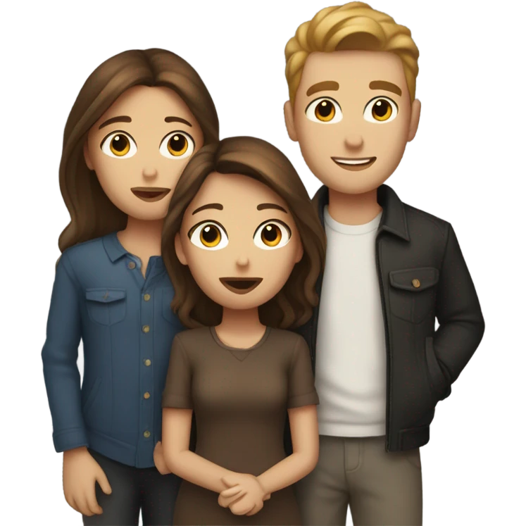 three white people with brown hair two male one female all kissing emoji