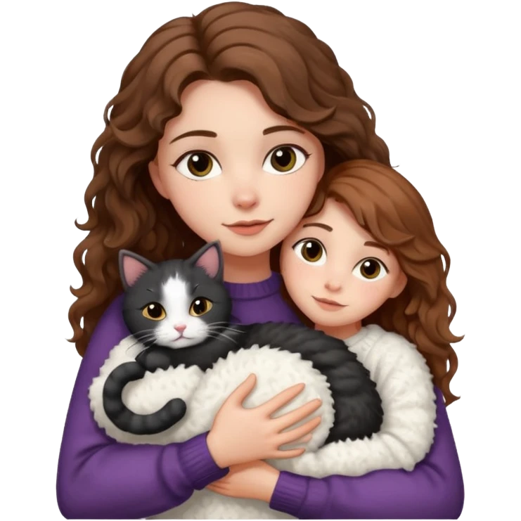 A pretty white girl with hazel brown eyes and brown wavy hair in a cosy white knit sweater, hugging a black and white cat emoji