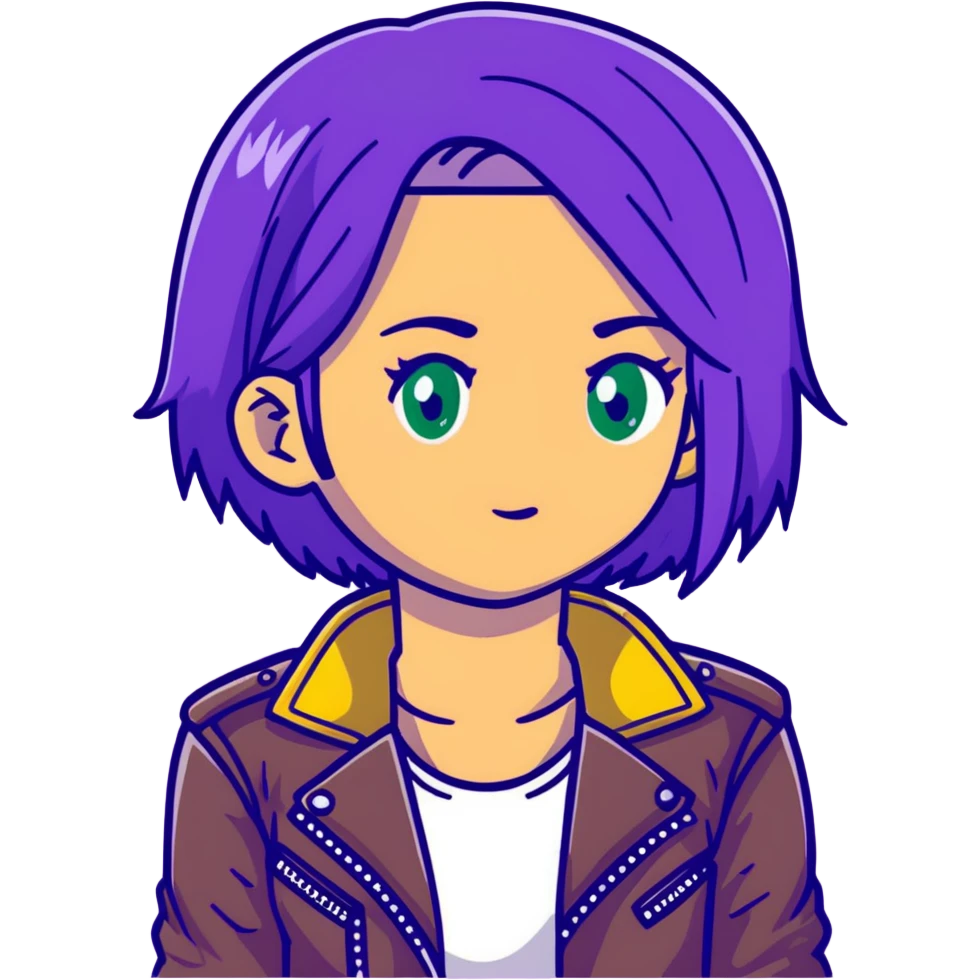 Mal from Descendants, purple hair, leather jacket, green eyes emoji