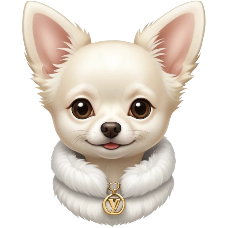 Very elegant white hairy chihuahua with Vuitton accessories emoji