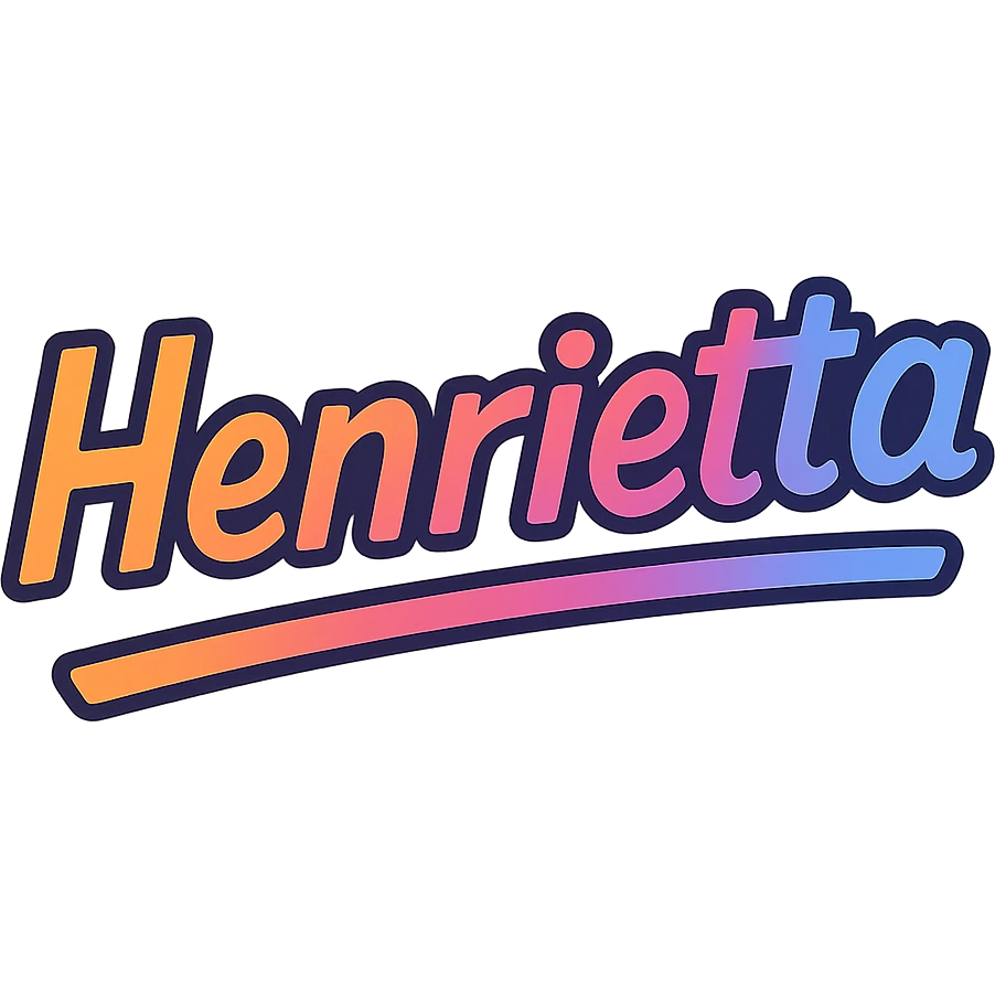 Henrietta name in modern colorful gradient font with dark outline, dynamic slanted or partial underline, transparent background, in the style of reference patterns emoji