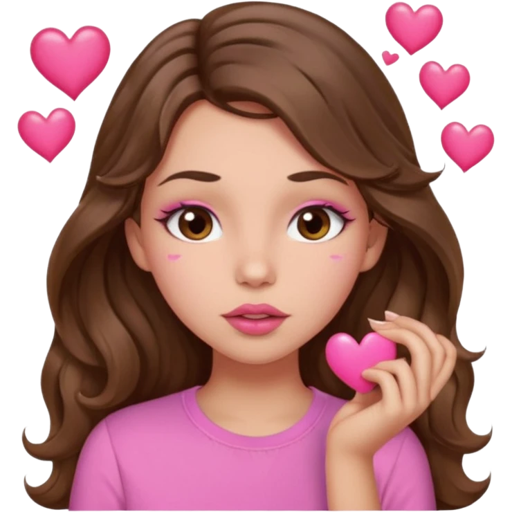 girl with long wavy brown hair, brown eyes, light to medium complexion, in a pink shirt, pink lips, long lashes, puckering lips kissing, blushing with hearts emoji