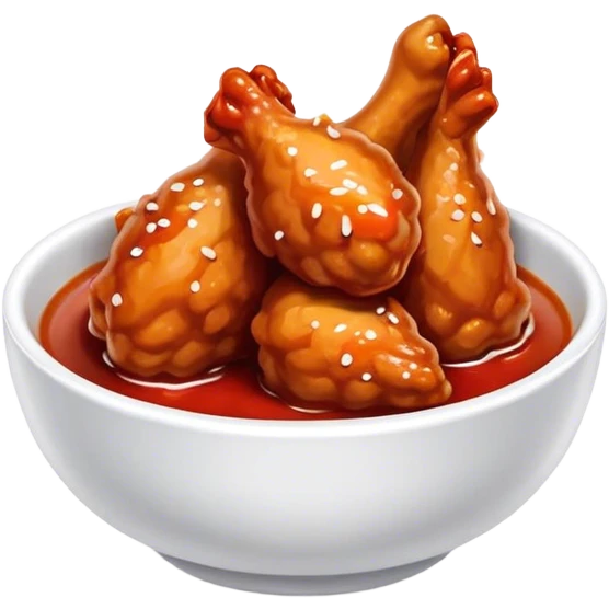 Korean Fried Chicken Cinematic Realistic Korean Fried Chicken Dish Emoji, depicted as bite-sized chicken pieces generously coated in a glossy, spicy sauce, in a bowl. emoji
