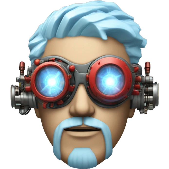  Short light blue haired male cyborg head with light blue beard, red steampunk goggles and circuits emoji