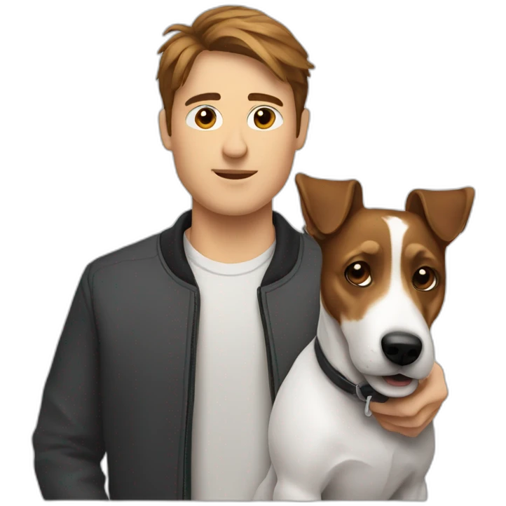 Man with modern brown hair cut with jack russell terrier dog emoji