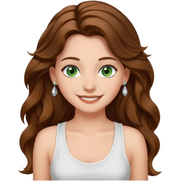 A girl with long brown wavy  hair, green eyes, and a white tank top; she doesn't have bangs. she wear a lot of silver jewerly  emoji