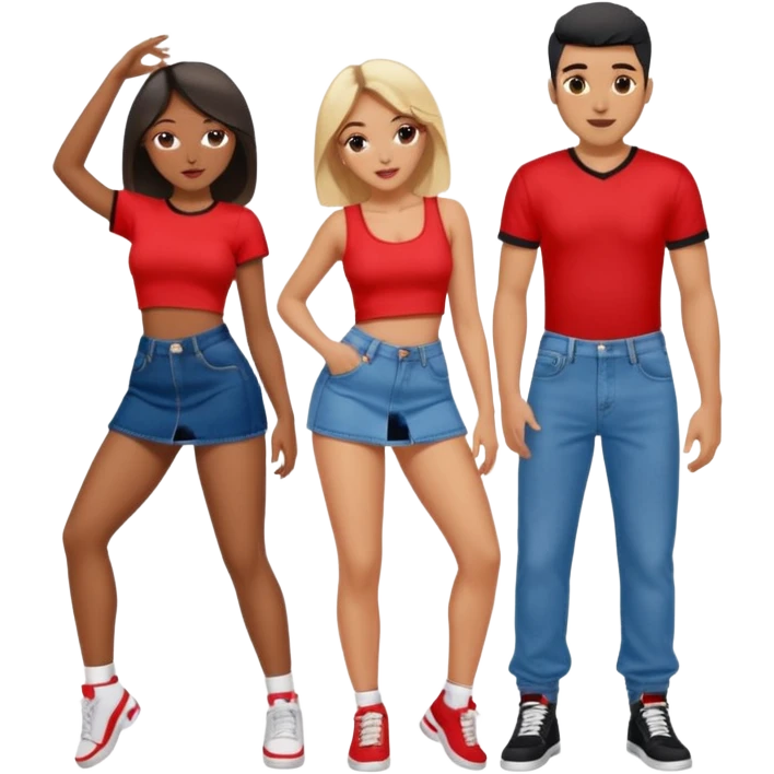 Couple dancing with girl in front twerking girl wearing denim mini skirt with a red crop top guy wearing black jersey with denim baggy pant emoji