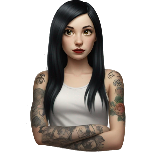 Hyperrealistic Pale girl with black hair arm tattoos emoji
