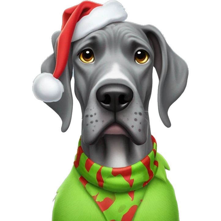 Grey great dane wearing a the grinch costume emoji