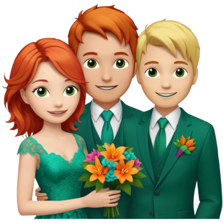  The man, with red hair, wears a dark green suit with a green tie and an orange boutonnière. The woman, with blonde hair, wears a turquoise ballgown with lace details and holds a colorful tropical bouquet. They smile at each other.  emoji