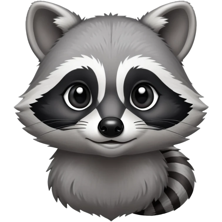 Cinematic-Noble-Raccoon-Portrait-Emoji – Poised and confident, with a sturdy build and a beautifully textured fur of silver-grey accented by dark black facial markings, deep-set, cute big black eyes, simplified yet sharp and sophisticated zoom out to show shoulders emoji