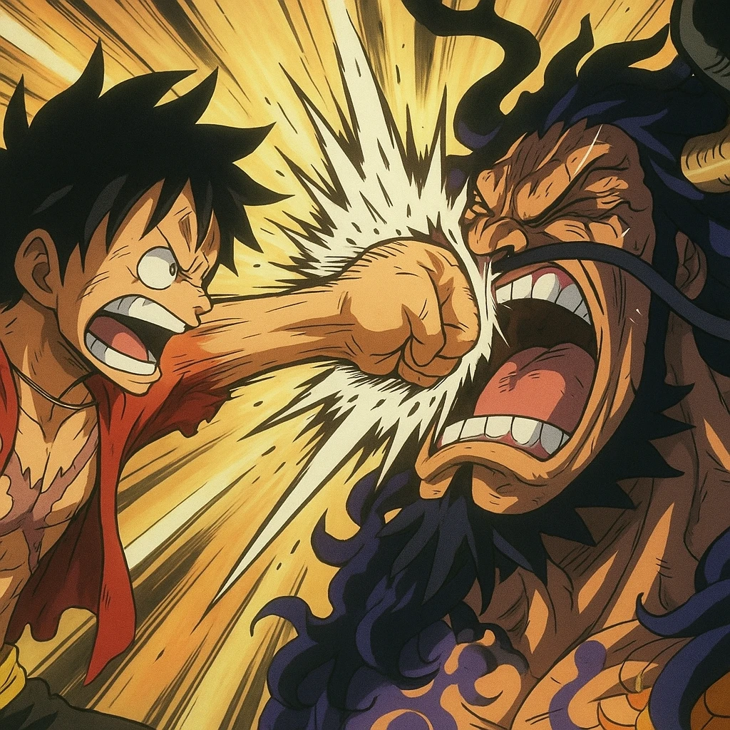 Luffy punching Kaido, dramatic impact, anime style, intense expressions emoji
