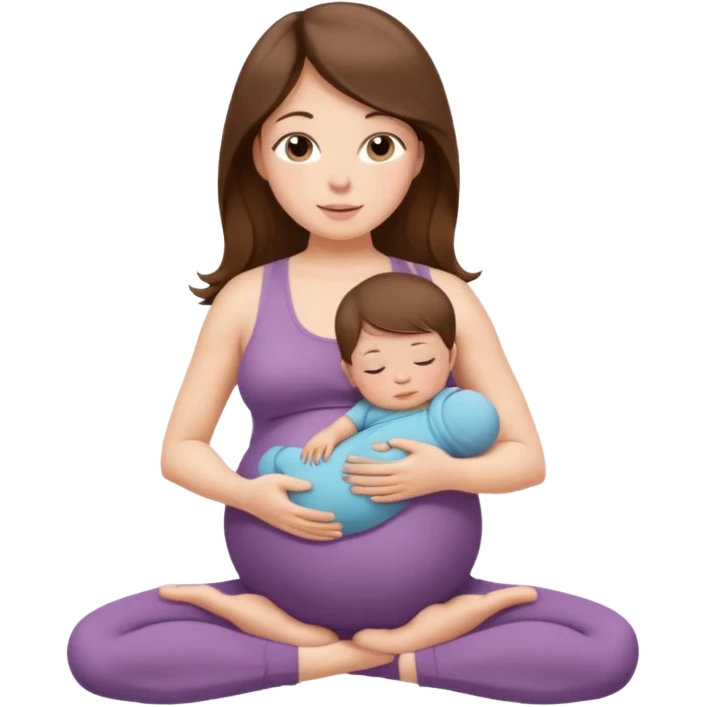"Pregnant woman sitting in a yoga pose with long brown hair and fair skin, holding a newborn baby with short brown hair and fair skin." emoji