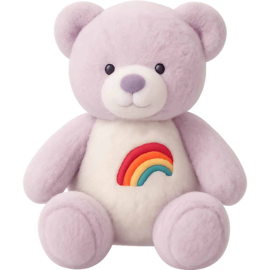 Add a rainbow patch to the purple and white teddy bear, keep it soft and plush, no shadows, flat lighting, no background. The style should maintain the soft and plush look of the teddy bear with flat lighting and no shadows. emoji