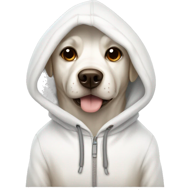 White dog with brown points and a hoody emoji