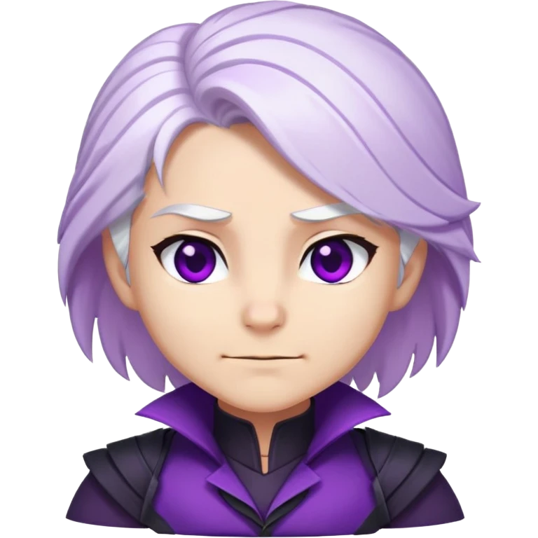 Chibi Sable Ward with smirk expression, confident side smile, raised eyebrow, white hair with purple streaks, fully purple eyes, smug look emoji