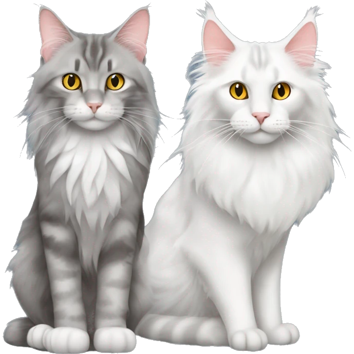 maine coon cat with a turkish angora cat which is white and thw maine coon cat is grey emoji
