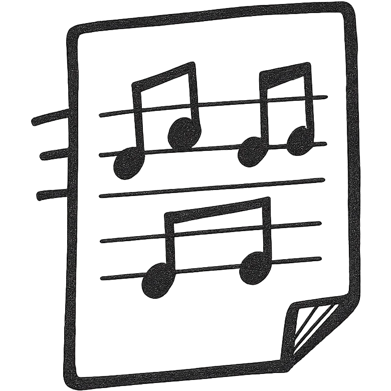 Sheet music icon, hand drawn, black outlines, no fill, simple and clean, top view emoji