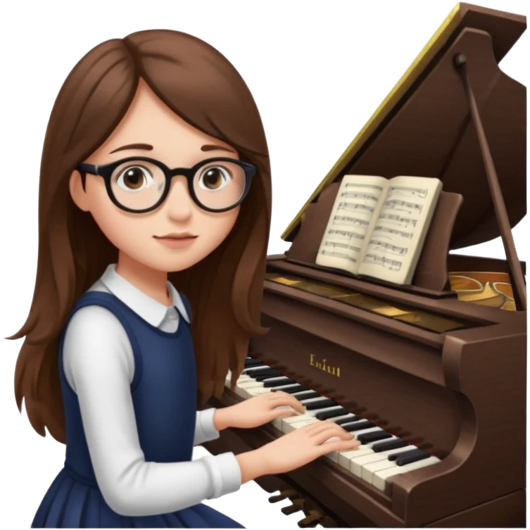 girl long brown hair. round glasses eye. playing piano emoji