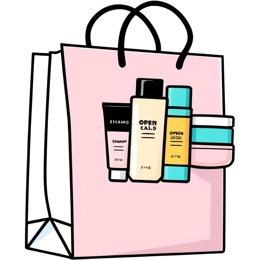 Gift bag with beauty products (shampoo, creams, styling products), a gift bag is beautyful open box full of luxury brand-labeled beauty products emoji