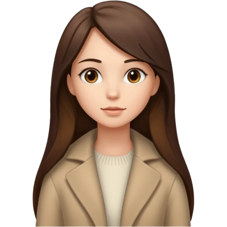 девушка накрашенная брюнетка с длинными прямыми волосами в коричневой обтягивающий кофта и белом пальто  emoji