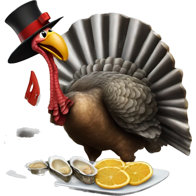 Turkey holding slice of black toasted bread with pan of oysters, fire emoji