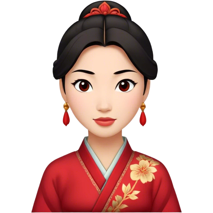 Cinematic Radiant Mulan Portrait Emoji, rendered in a realistic, vector-style with clean proportions. Show Mulan with a soft, confident smile, warm skin, and expressive eyes, her dark hair styled simply, and dressed in traditional clothing with understated red accents. The image radiates a gentle, luminous glow and high shine, accentuated by a soft glowing outline. emoji