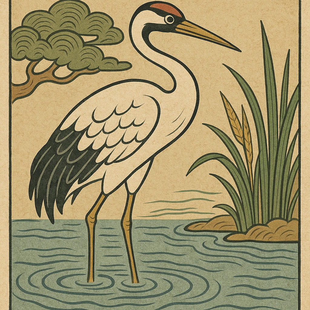 ukiyo-e style illustration of a crane bird standing in water emoji