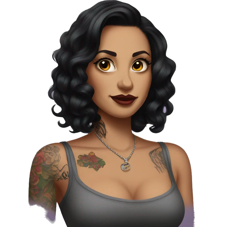 Pinupx shoulder length dark hair and tattoos .  emoji