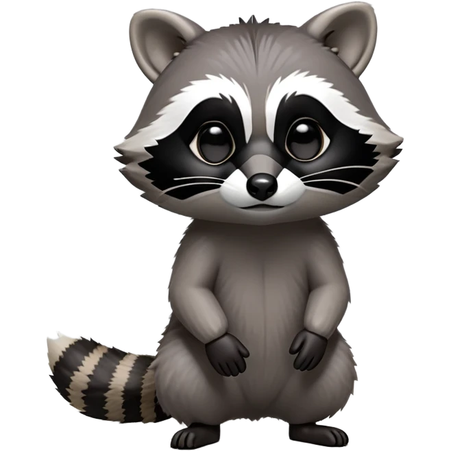 Cinematic-cute Raccoon-Realistic-hunched Full-Body on all fours-Emoji – Tail flicking lazily, head tilted dramatically, thick grey fur with a signature black mask, sharp and alert ears, simplified yet realistic focused features, highly detailed, glowing with an almost sarcastic glow. big black eyes emoji