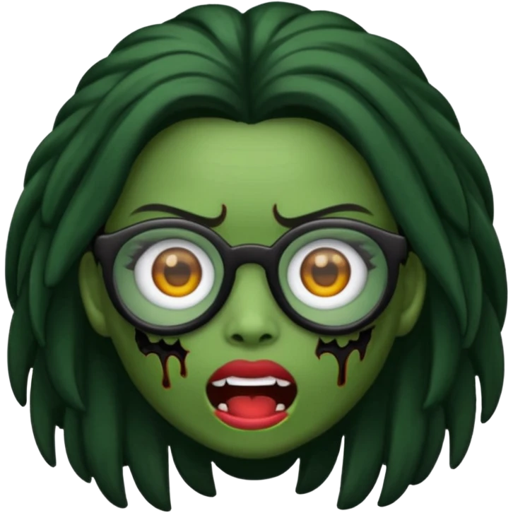 crie um emoji de zumbi feminino, com pele verde, óculos preto e cabelos pretos longos emoji