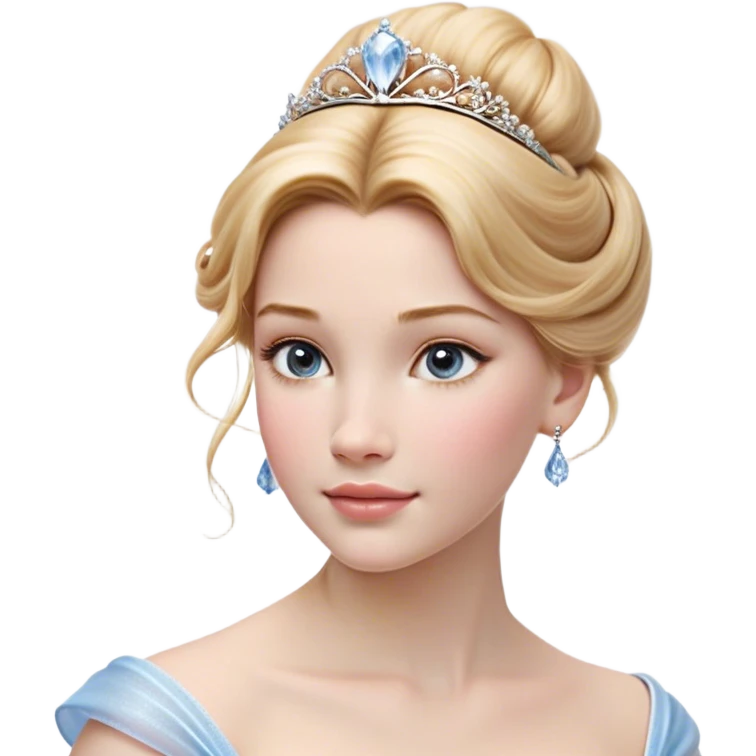 Cinematic Realistic Cinderella Portrait, depicted with lifelike skin texture, subtle rosy undertones, and soft natural lighting that enhances the gentle contours of her face. Her intricately detailed golden blonde hair is elegantly styled in an updo, with delicate wisps framing her face for added realism. Her deep, expressive blue eyes radiate warmth and sincerity, reflecting a quiet resilience and grace. She is dressed in her iconic ball gown, the fabric shimmering with intricate embroidery and fine translucent layers that catch the light beautifully. The soft sheen of satin gloves and the delicate sparkle of a glass-like slipper peeking from beneath her dress add a touch of magical realism. The portrait features an enchanting glow with a natural, luminous finish, seamlessly blending realism and fairytale charm to evoke a sense of depth, elegance, and timeless beauty. emoji