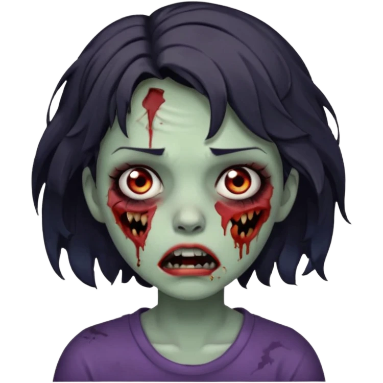 Zombie girl with bruises, she has a dark short wavy hair, she has a tired expression and dark eyes, she has dark circles too, her mouth is ripped emoji