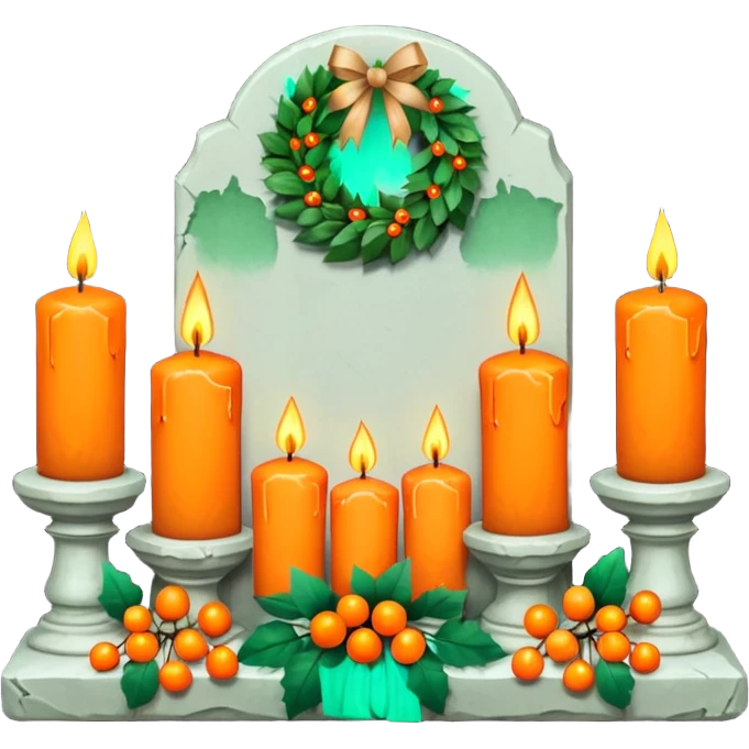 Gravestone with candles and a green wreath with orange small berries emoji