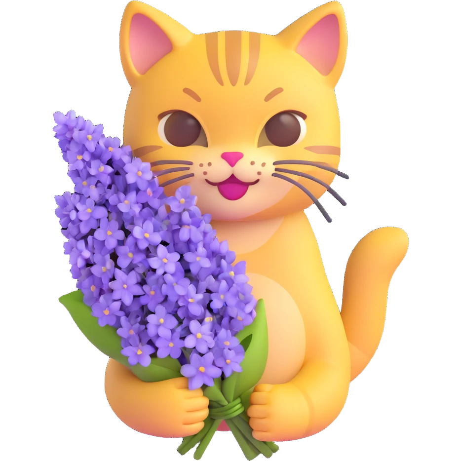 cat holding a bouquet of purple lilac flowers in hand, 3d emoji style emoji