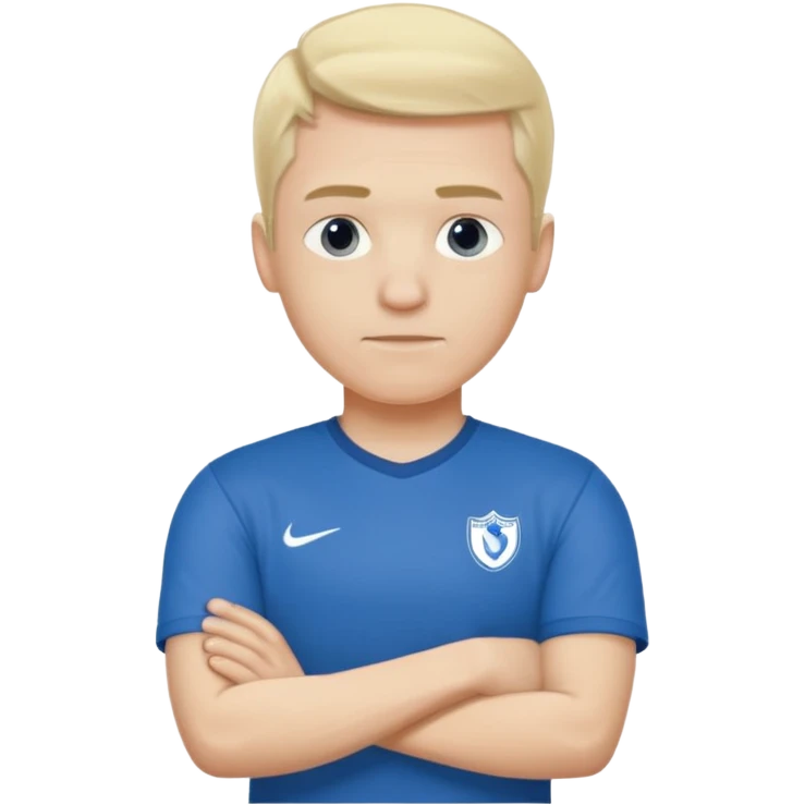 Pale blond man in blue football t shirt crossed arms from cold emoji