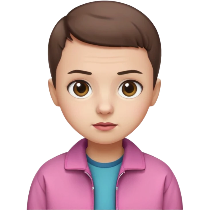 Create a cute emoji-style illustration of Eleven from Stranger Things: round face, big expressive eyes, short brown buzz-cut hair, pink jacket, simple nose and mouth, soft shading, bright colors, clean outline, minimal details, friendly expression, flat emoji style, white or transparent background. emoji