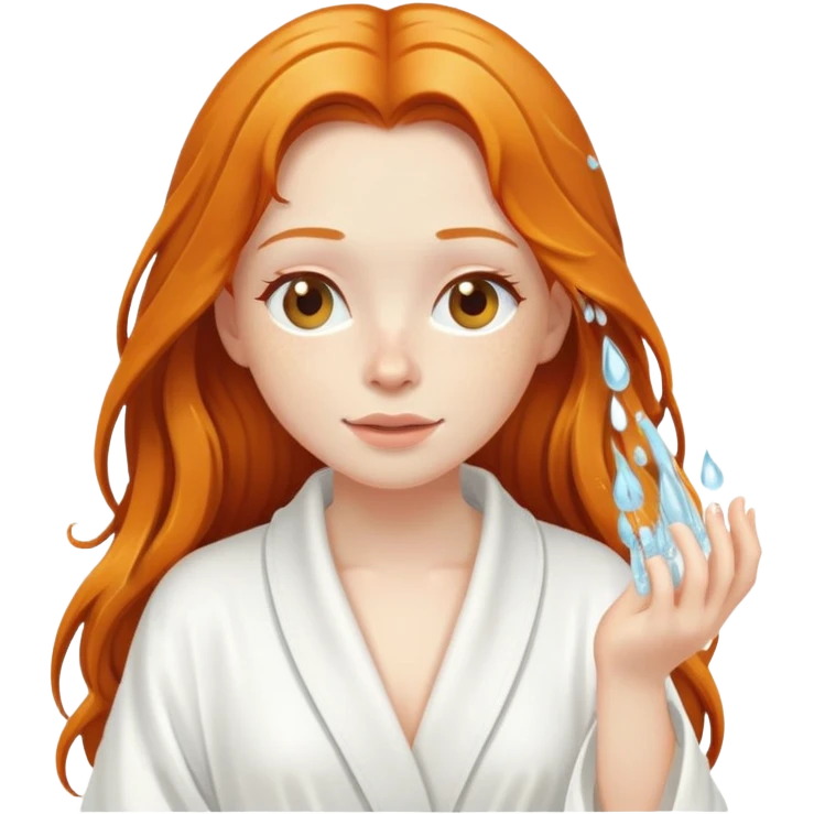 Ginger girl in white robe long wet hair relaxing shower skin care emoji