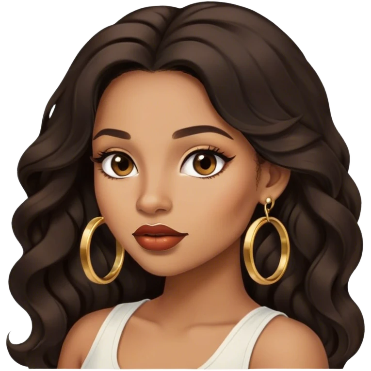 light brown skin tone, very beautiful woman, with big plump lips, long long lashes, black wavy long hair, brown eyes, white tank top, gold hoop earrings emoji
