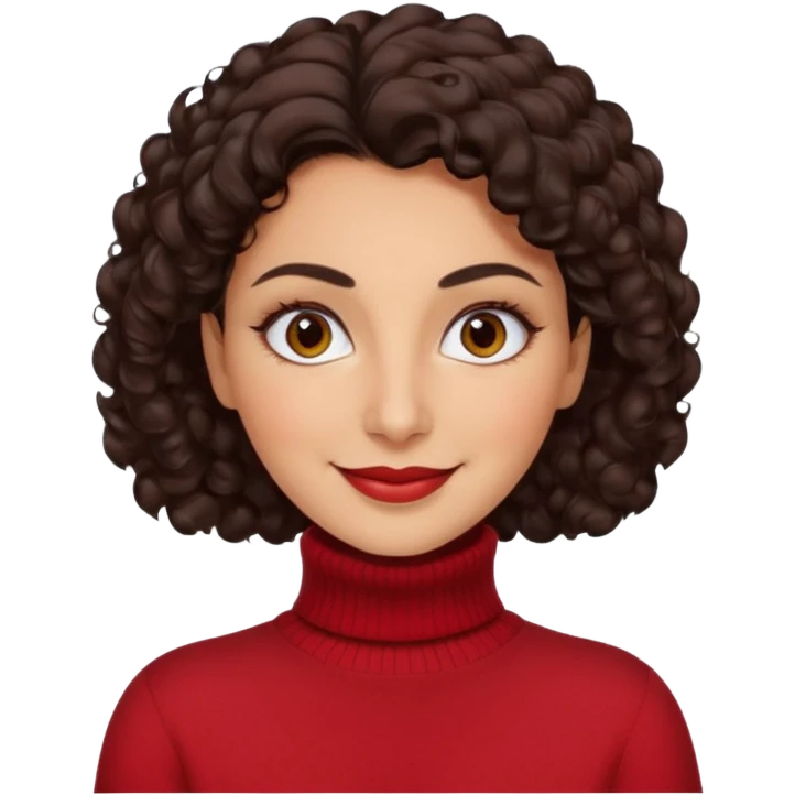 30 yr iranian woman dark brown hair curly wavy short hair, red turtle neck sweater, thick eyebrows emoji