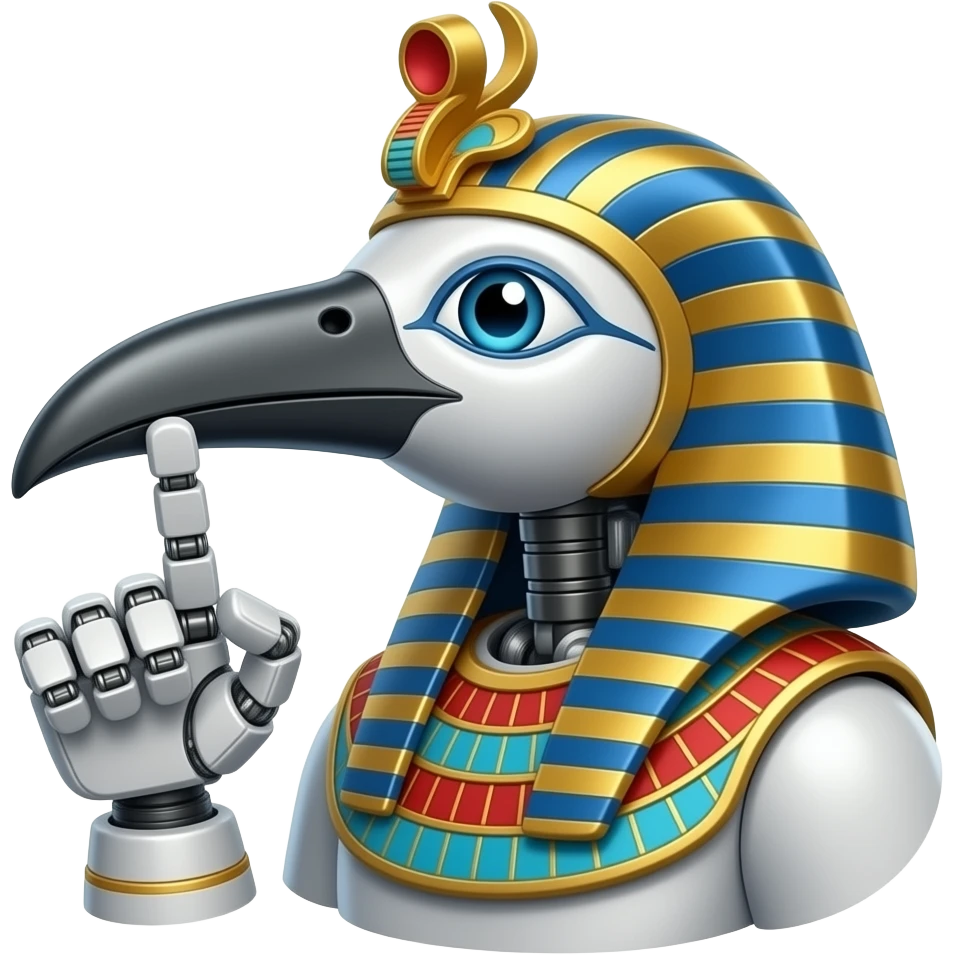 Ibis, the Egyptian god of knowledge, but with a modern robotic style, and signifiant bird theming with a long beak emoji