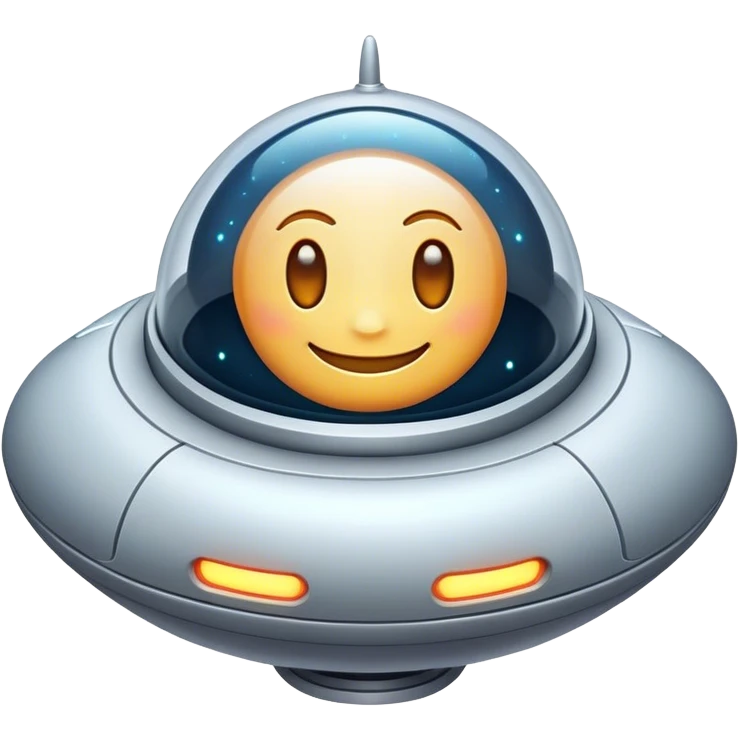 Design a simple, friendly spaceship with a smooth, rounded shape. Add a clear 'face' on the front using glowing lights for eyes and a curved line for a smile, giving it personality. Use a plain background to keep the focus on the ship. emoji